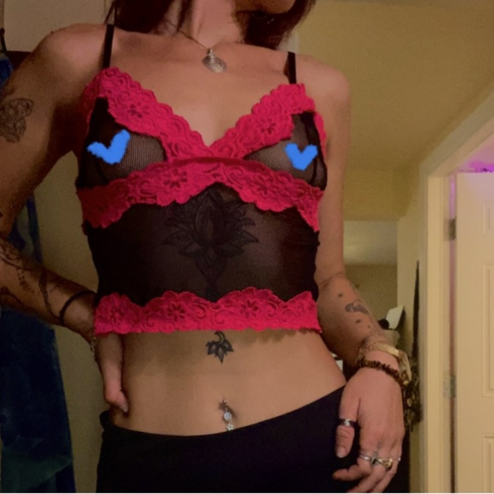 Vintage Y2K Mesh Rampage Tank w Pink Lace Trim